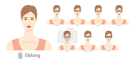 Illustration for Set of types of glasses for Women oblong type faces fashion accessory illustration. Sunglass front view unisex silhouette style, flat rim spectacles eyeglasses, sketch style outline isolated on white - Royalty Free Image