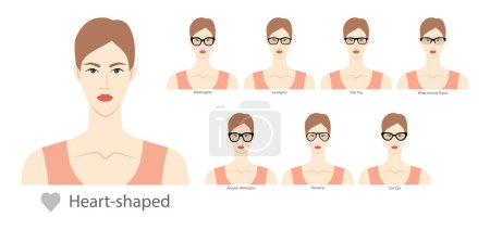Illustration for Set of types of glasses for Women heart type faces fashion accessory illustration. Sunglass front view unisex silhouette style, flat rim spectacles eyeglasses, lens sketch style outline isolated - Royalty Free Image