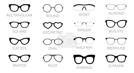 Set of different types of glasses - Rectangular Pilot, Round, Square, Cat Eye, Pantos, fashion accessory Browline, Clubmaster, Oval, Oversize, illustration Geometric Sport Bug, Almond Octagon, D-frame