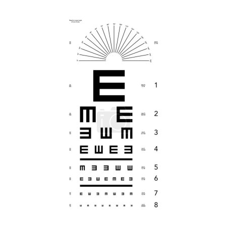 Illustration for E chart Eye Test Chart tumbling and astigmatism test grid medical illustration. Line vector sketch style outline isolated on white background. Vision board optometrist ophthalmic visual examination - Royalty Free Image