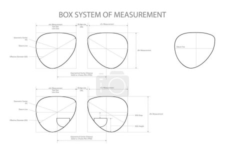 Illustration for Set of Box System of Measurement of lens glasses Eye frame fashion accessory technical illustration. Sunglass style, flat spectacles eyeglasses sketch style outline isolated on white background - Royalty Free Image