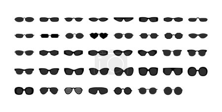 Ilustración de Set de gafas de sol con lentes negras. Diferentes estilos de gafas: Piloto Rectangular, Redondo, Cuadrado, Ojo de Gato, Pantos, Accesorio de moda Browline, Clubmaster, Oversize, Ilustración Geométrica Sport Bug - Imagen libre de derechos