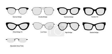 Ilustración de Frame Bridge Types Ilustración de accesorios de moda de gafas con montura de ojo. Vista frontal de gafas de sol para hombres, mujeres, estilo silueta unisex, gafas de gafas de borde plano con contorno de estilo boceto de lente aislado - Imagen libre de derechos