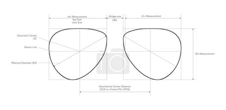 Illustration for Box System of Measurement of lens glasses Eye frame fashion accessory technical illustration. Sunglass style, flat spectacles eyeglasses sketch style outline isolated on white background - Royalty Free Image