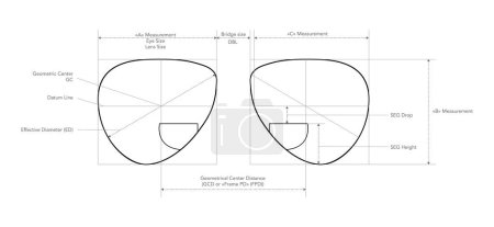 Illustration for Box System of Measurement of Bifocal lens glasses Eye frame fashion accessory technical illustration. Sunglass style, flat spectacles eyeglasses sketch style outline isolated on white background - Royalty Free Image
