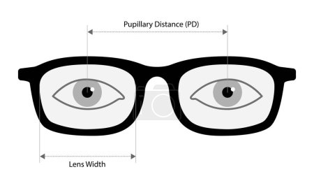 Pupillary distance measurement template Eye frame glasses fashion accessory medical illustration. Optical center Sunglass front view silhouette style, flat eyeglasses with lens sketch style outline 