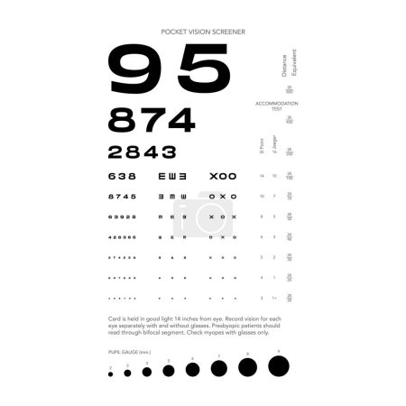 Illustration for Rosenbaum Pocket Vision Screener Eye Test Chart medical illustration with numbers. Line vector sketch style outline isolated on white background. Vision board optometrist ophthalmic for examination - Royalty Free Image