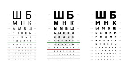 Illustration for Set of Golovin Sivtsev table Eye Test Chart medical illustration. line vector sketch outline isolated on white background. Vision test with Cyrillic letters board optometrist Checking optical glasses - Royalty Free Image