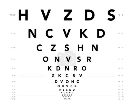Illustration for LogMAR chart Eye Test Chart medical illustration. Line vector sketch style outline isolated on white background. Vision board optometrist ophthalmic for visual examination Checking optical glasses - Royalty Free Image