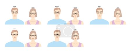Ilustración de Conjunto de gafas de montura Browline en ilustración de accesorios de moda de carácter plano para mujeres y hombres. Vista frontal de gafas de sol estilo silueta unisex, gafas de gafas de borde con bosquejo estilo contorno aislado - Imagen libre de derechos
