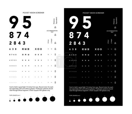 Illustration for Rosenbaum Pocket Vision Screener Eye Test Chart medical illustration with numbers. Line vector sketch style isolated on white, black background. Vision board optometrist ophthalmic for examination - Royalty Free Image