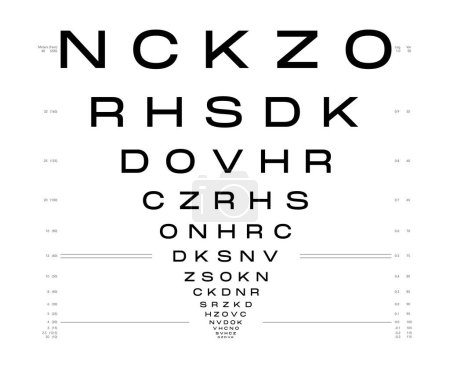 Illustration for LogMAR chart Eye Test Chart medical illustration. Line vector sketch style outline isolated on white background. Vision board optometrist ophthalmic for visual examination Checking optical glasses - Royalty Free Image