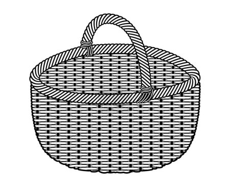 Illustration for Basket Rattan bucket silhouette bag. Fashion accessory technical illustration. Vector Picnic Oval 3-4 view for Men, women, unisex style, flat handbag CAD mockup sketch outline isolated - Royalty Free Image