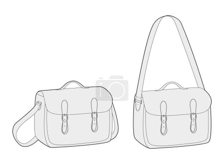 Illustration for Satchel Cross-Body Bag messenger silhouette bag. Fashion accessory technical illustration. Vector satchel front 3-4 view for Men, women, unisex style, flat handbag CAD mockup sketch outline isolated - Royalty Free Image