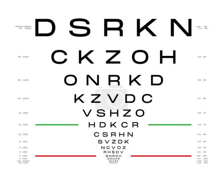 Téléchargez les illustrations : Carte LogMAR Diagramme de test oculaire illustration médicale. Esquisse vectorielle ligne contour de style isolé sur fond blanc. Optométriste ophtalmique pour examen visuel Vérification des lunettes optiques - en licence libre de droit