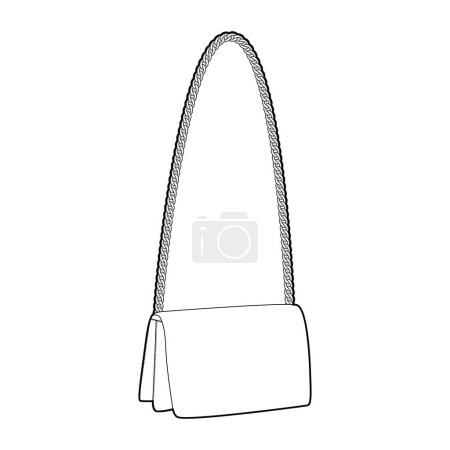 Illustration for Chain-Strap Cross-Body Bag baguette silhouette bag. Fashion accessory technical illustration. Vector satchel front 3-4 view for Men, women, unisex style flat handbag CAD mockup sketch outline isolated - Royalty Free Image