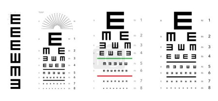 Illustration for Set of E chart Eye Test Chart tumbling medical illustration. Line vector sketch style outline isolated on white background. Vision board optometrist ophthalmic for examination Checking optical glasses - Royalty Free Image