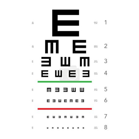 Illustration for E chart Eye Test Chart tumbling medical illustration. line vector sketch style outline isolated on white background. Vision board optometrist ophthalmic test for examination Checking optical glasses - Royalty Free Image