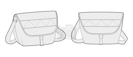 Illustration for Courier Carryall Messenger Bag silhouette. Fashion accessory technical illustration. Vector satchel front 3-4 view for Men, women, unisex style, flat handbag CAD mockup sketch outline isolated - Royalty Free Image