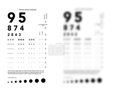Illustration for Rosenbaum Pocket Vision Screener Eye Test blurred Chart medical illustration with numbers. Line vector sketch style outline isolated on white, black background. Vision board ophthalmic for examination - Royalty Free Image