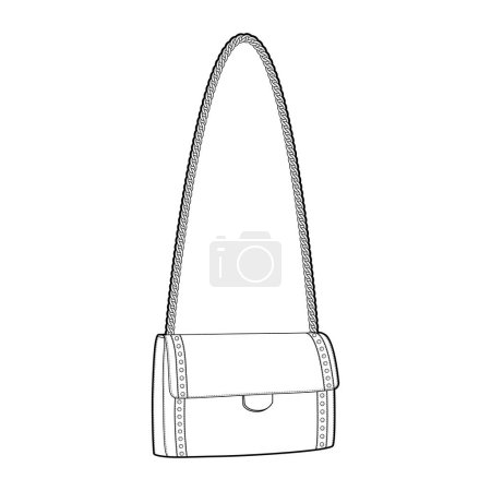 Chain-Strap Cross-Body Bag baguette silhouette. Fashion accessory technical illustration. Vector satchel front 3-4 view for Men, women, unisex style, flat handbag CAD mockup sketch outline isolated