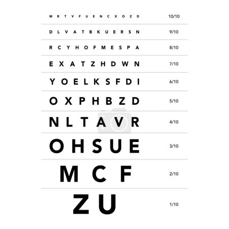Illustration for Monoyer chart Eye Test Chart medical illustration. line vector sketch style outline isolated on white background. Vision test board optometrist test for visual examination Checking optical glasses - Royalty Free Image