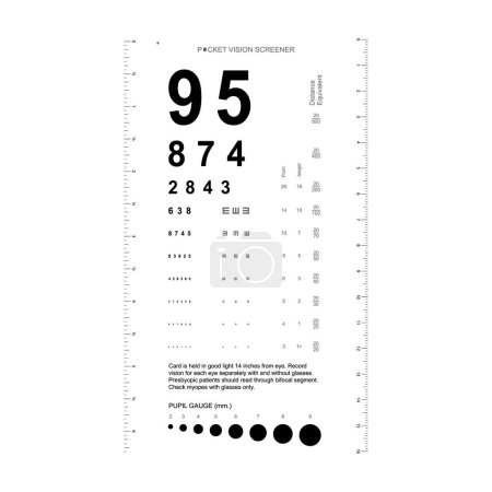Illustration for Rosenbaum Pocket Vision Screener Eye Test Chart medical illustration with numbers. Line vector sketch style outline isolated on white background. Vision board optometrist ophthalmic for examination - Royalty Free Image