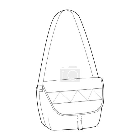 Illustration for Courier Carryall Messenger Bag silhouette. Fashion accessory technical illustration. Vector satchel front 3-4 view for Men, women, unisex style, flat handbag CAD mockup sketch outline isolated - Royalty Free Image