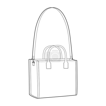 Illustration for Tote Cross-Body Box Bag with removable strap options. Fashion accessory technical illustration. Vector satchel front 3-4 view for Men, women style, flat handbag CAD mockup sketch outline isolated - Royalty Free Image