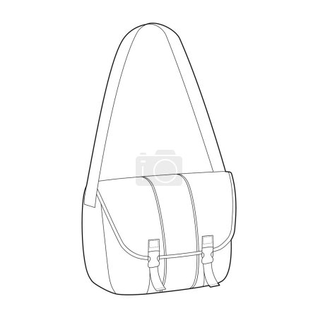 Illustration for Courier Carryall Messenger Bag. Fashion accessory technical illustration. Vector satchel front 3-4 view for Men, women, unisex style, flat handbag CAD mockup sketch outline isolated - Royalty Free Image