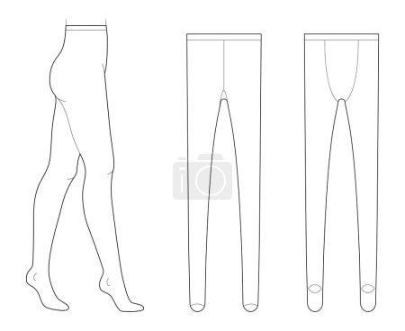 Set of Tights Pantyhose on legs, normal waist, high rise, full length. Fashion accessory clothing technical illustration stocking. Vector front, side, back view for Men women, unisex flat template CAD
