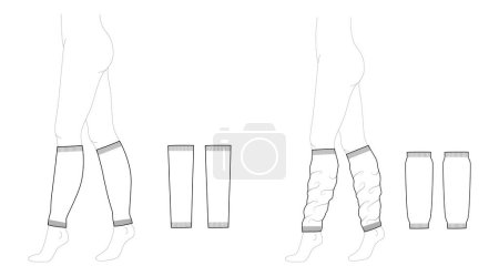 Set aus Beinwärmern und langen, lockeren Socken ohne Strümpfe kniehohe Länge. Mode-Accessoires Kleidung technische Illustration Strumpf. Vektorfront, Seitenansicht für Männer, Frauen Unisex-Stil, flache Vorlage