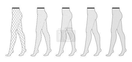 Set of Fishnet Tights Pantyhose on legs, different mesh sizes, normal waist, high rise, full length. Fashion accessory clothing technical illustration stocking. Vector side view for Men, women, flat