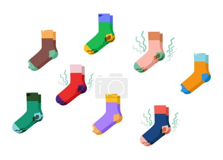 Conjunto de calcetines coloridos - sucio, apestoso, con agujeros, mal olor Hogar y concepto de lavandería. Ropa con manchas, Leaky. Accesorio de moda ilustración técnica. Esbozo plano vectorial