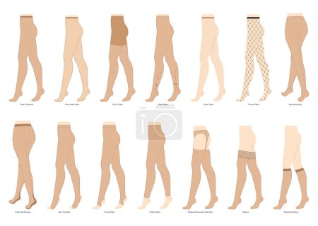 Conjunto de medias pantimedias en las piernas con nombres de texto. Moda accesorio ropa ilustración técnica. Vista lateral vectorial para hombres, mujeres estilo unisex, plantilla plana Bosquejo de maqueta CAD aislado