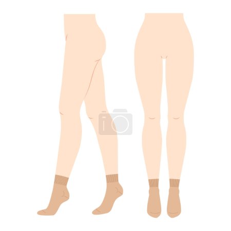 Ankle Socks Set on women legs. Hosiery Fashion accessory clothing technical illustration stocking. Vector front, side view, flat template mockup sketch outline isolated on white background