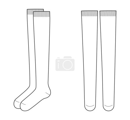 Over-the-knee Socks length set. Fashion hosiery accessory clothing technical illustration. Vector front, side view for Men, women, unisex style, flat template CAD mockup isolated on white background 
