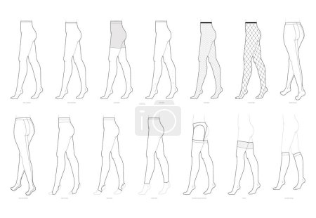 Set of Tights Pantyhose on legs with names text. Fashion accessory clothing technical illustration. Vector side view for Men, women unisex style, flat template CAD mockup sketch outline isolated