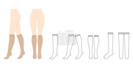 Knee-high Socks length set on women legs and CAD flat template mockup. Hosiery Fashion accessory clothing technical illustration stocking. Vector front, side view, sketch outline isolated on white