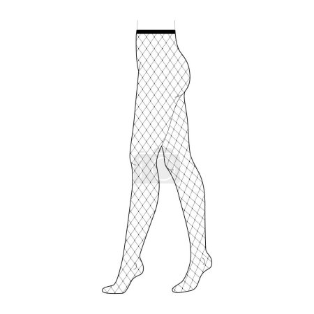 Fishnet Tights Pantyhose on legs, big mesh size, high rise. Fashion accessory clothing technical illustration stocking. Vector side view for Men, women, unisex style, flat template CAD mockup sketch