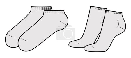 Sneaker Socks length set. Fashion hosiery accessory clothing technical illustration stocking. Vector front, side view for Men, women style, flat template CAD mockup sketch outline on white background