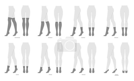 Set of socks length - low cut, high low ankle, crew, mid calf, knee high, over knee, thigh high. Fashion accessory clothing technical illustration stocking. Vector front, side view style flat template
