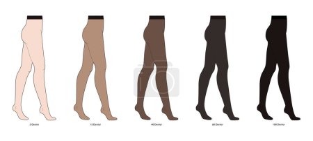 Set of different Den Denier Opaques Tights Pantyhose on legs. Fashion accessory clothing technical illustration stocking. Vector side view for Men, women unisex style, flat template CAD mockup sketch