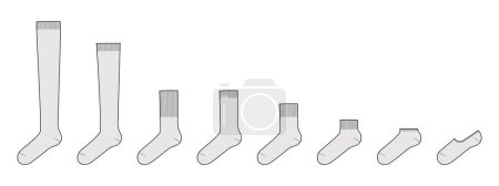 Set Socken Länge - tief geschnitten, hoher Knöchel, Crew, Mitte Wade, Knie, über dem Oberschenkel. Mode-Accessoires Kleidung technische Illustration Strumpf. Vektor-Seitenansicht für Männer, Frauen, Unisex-Stil, flache Vorlage