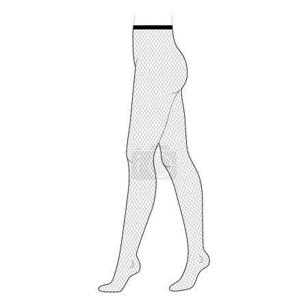 Fishnet Tights Pantyhose on legs, medium mesh size, high rise. Fashion accessory clothing technical illustration stocking. Vector side view for Men, women, unisex style flat template CAD mockup sketch