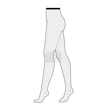 Fishnet Tights Pantyhose on legs, small mesh size, high rise. Fashion accessory clothing technical illustration stocking. Vector side view for Men, women, unisex style, flat template CAD mockup sketch