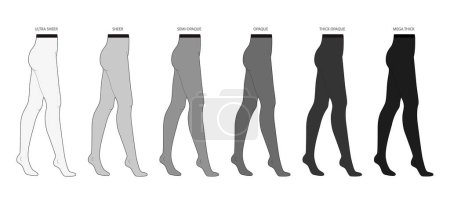 Set of different Den Denier Tights Pantyhose on legs - Ultra Sheer, Semi-Opaque, Mega Thick. Fashion accessory clothing technical illustration stocking. Vector side view for Men, women, flat template