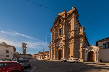 Photo for Carmagnola, Turin, Italy - November 05, 2022: church of the oratory of San Filippo (18th century) in Baroque style seen in Alessandro Manzoni square - Royalty Free Image