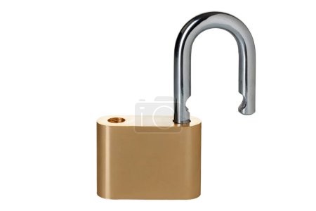 Foto de Unlocked metal padlock isolated on white with clipping path - Imagen libre de derechos