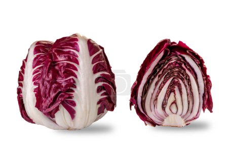 Téléchargez les photos : Radicchio di Verona typical red leaf radish chicory, whole near at section cut, isolated on white, clipping path included - en image libre de droit